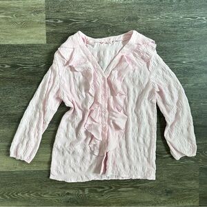 Romantic Pink Ruffle Trim Blouse Button Front Plisse Style Top Large